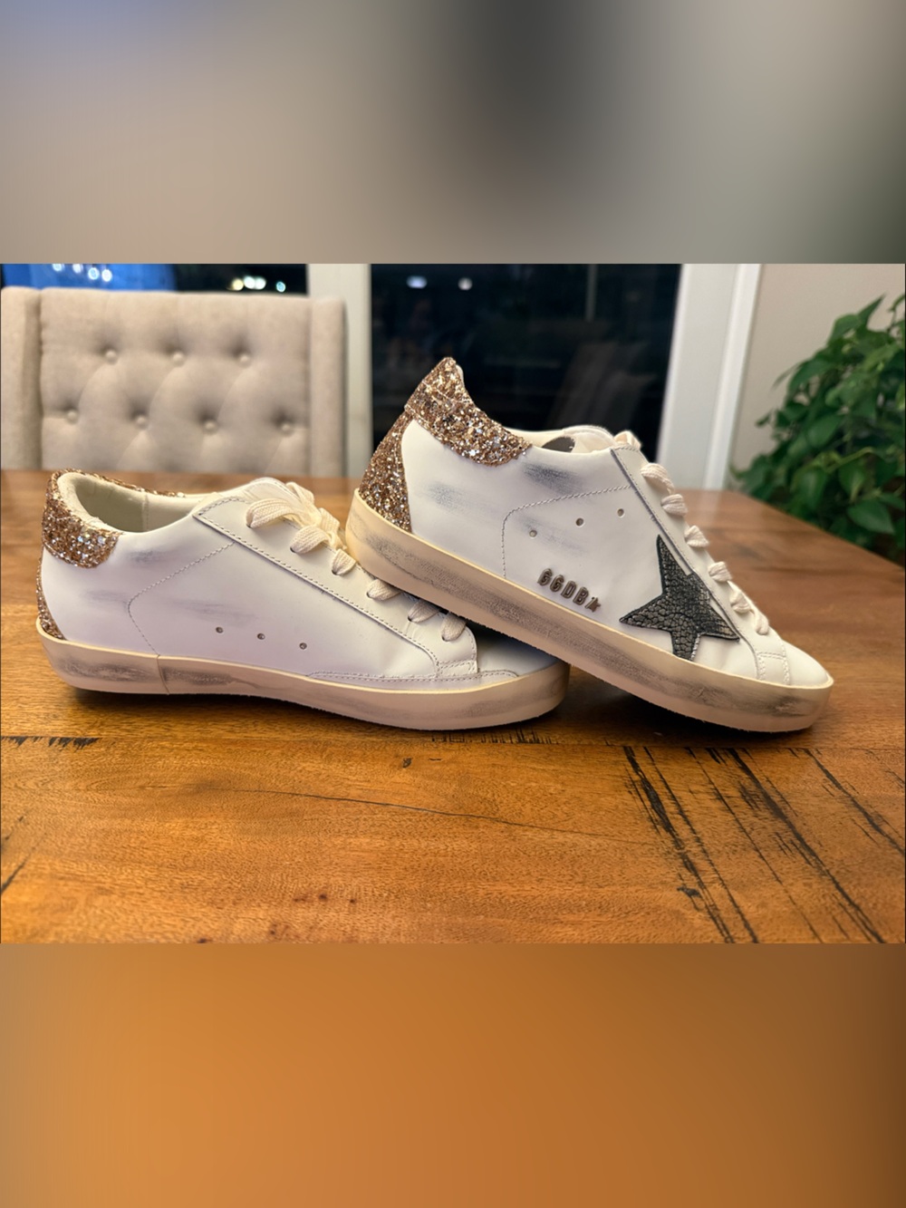 Women's White Sneakers with Gold Glitter Heel and Black Star Accent